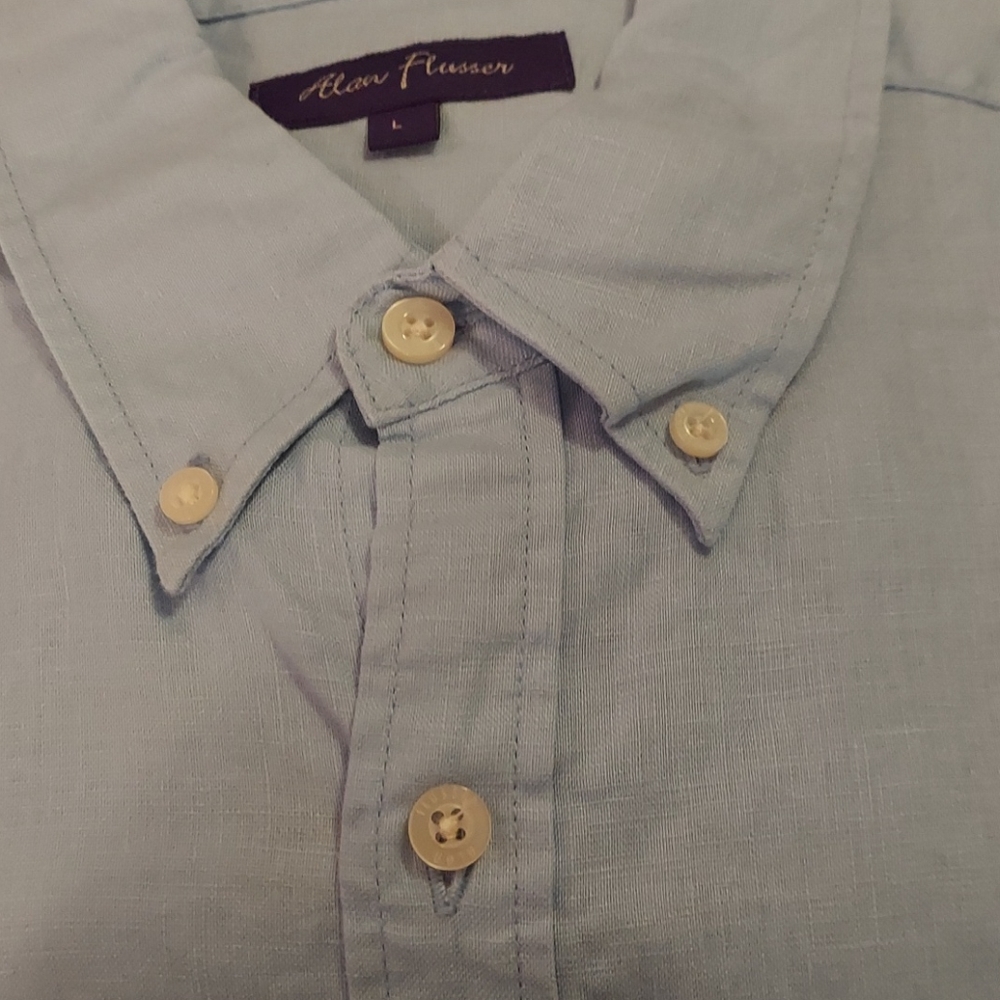 Alan Flusser‎ Button Down Light Blue Linen Shirt Large